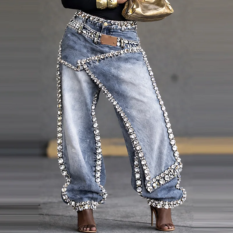 Women's Distressed Wash Denim Trousers Irregular Panel Design Sparkling Crystal Edge Embellishment Loose Fit Fashion Pants New
