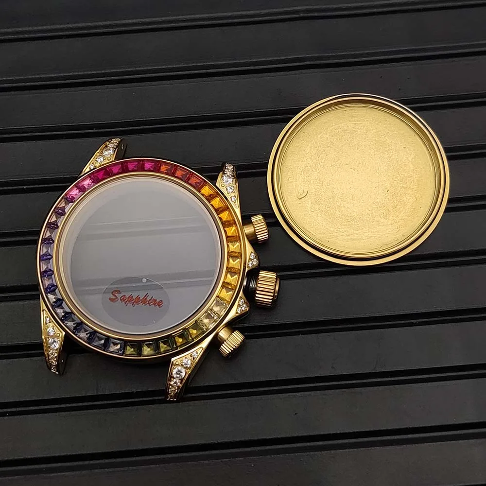 

40 mm gold-colored case, VK63 movement set with diamonds, solid case back, sapphire glass, men's watch case accessories