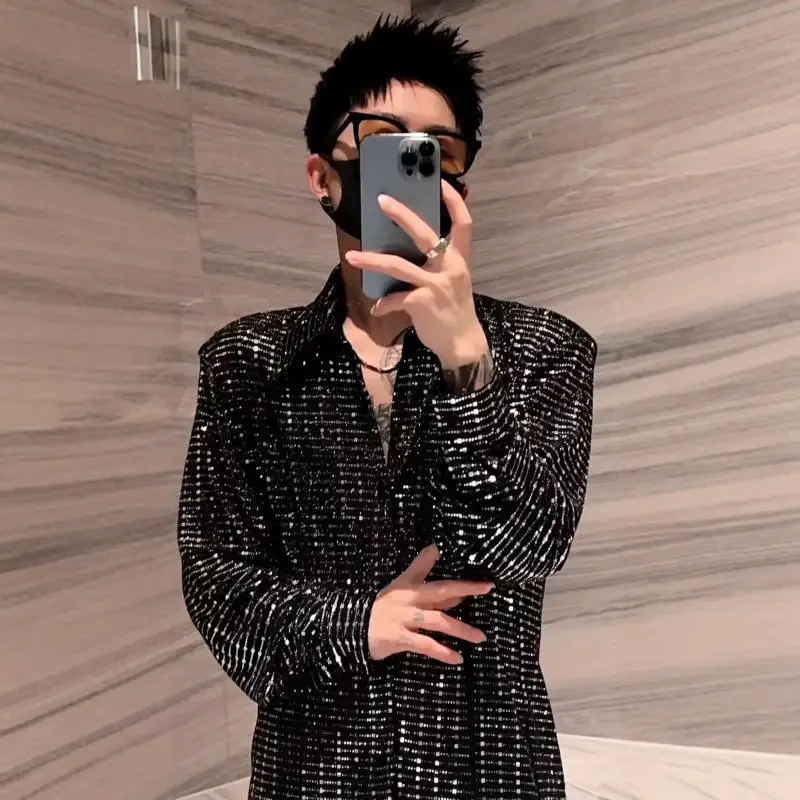

Men's Long Sve Club irt Summer New Faion Loose Sequin Thermal Printing Casual irt Trendy Stand Fit Daily Wear
