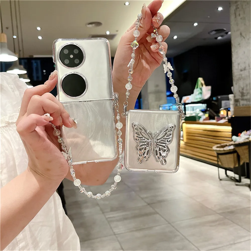 Diy Korean Fashion Cute Feather Transparent Side Buckle Chain PC Phone Case For Huawei Pocket2 Case Huawei P50Pocket S Capa