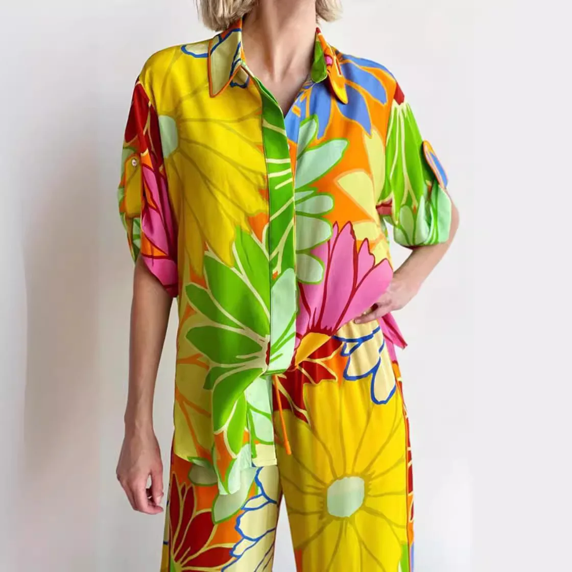 Summer Autumn New Printed Loose Short Sleeve Shirt Pocket Pants Set Women