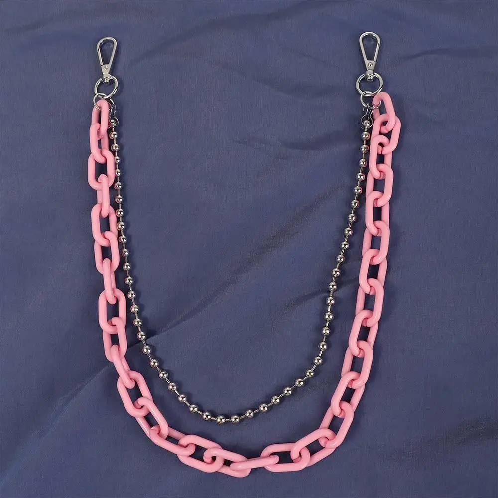 โซ่คาดเอวอะคริลิคสีชมพูแบบโลหะสำหรับตกแต่งเสื้อผ้าผู้ชาย เข็มขัดพลาสติกสองชั้น สไตล์พังก์ โซ่คาดเอวสำหรับกางเกง