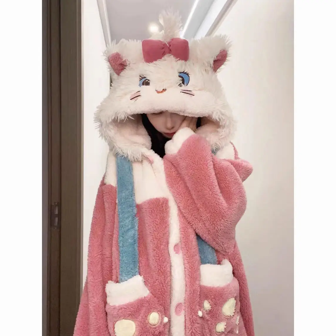 Winter Fleece Long Robes with Bow Ear Hooded Loose Pajama Top Thick Warm Kawaii Sleepwear Cute bathrobe women night gown