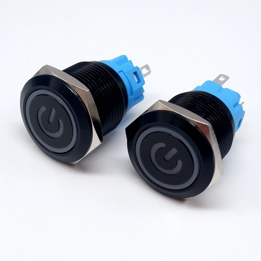 5PCS 16mm 19mm 22mm Push Button Switch Oxidized Black PC Power Button LED Lights Waterproof Switch Flat Head 12V 24V 110V 220V