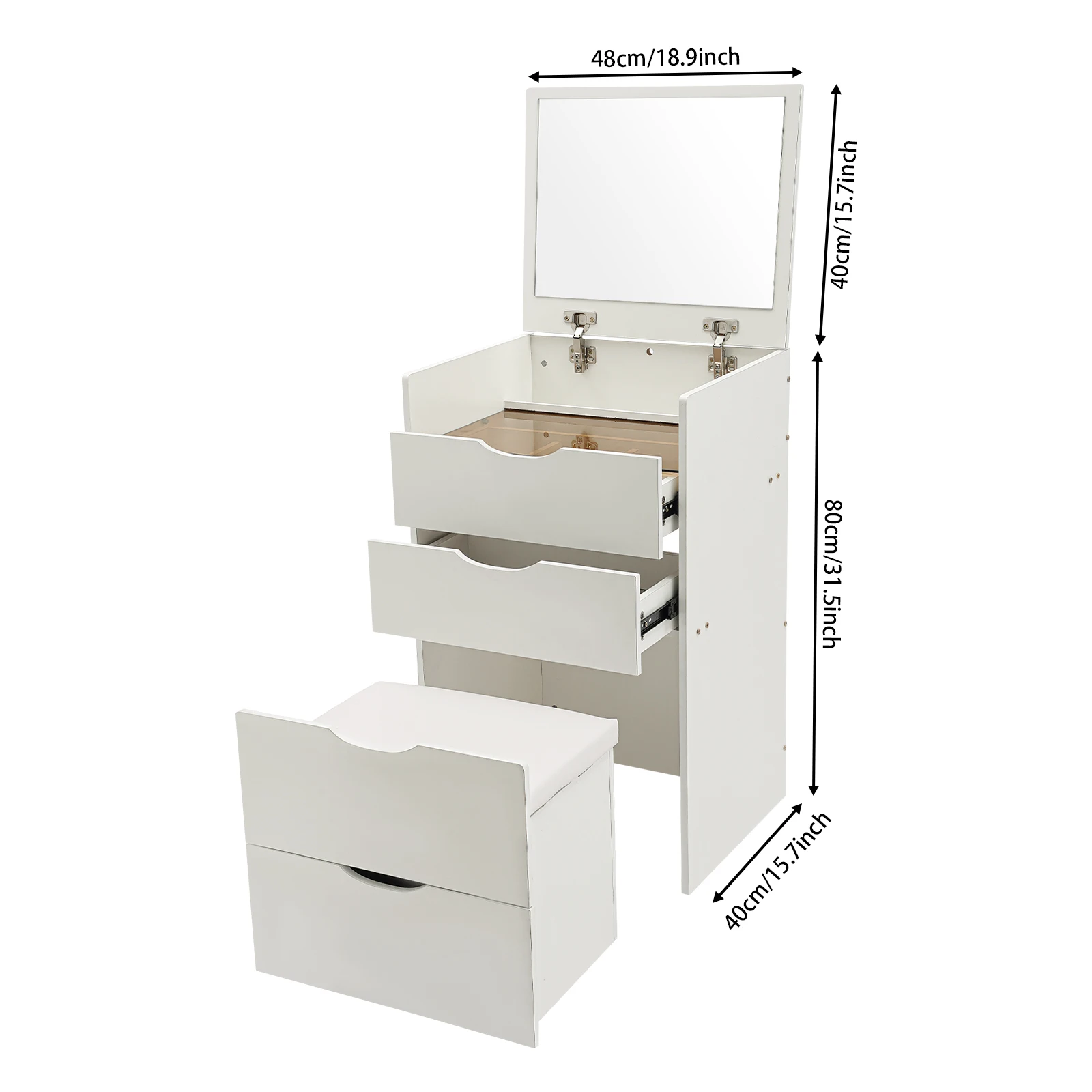 Bureau de coiffeuse 3 en 1 blanc crème moderne avec miroir rabattable, chaise cachée, coiffeuse de maquillage, coiffeuse de maquillage avec 3 tiroirs