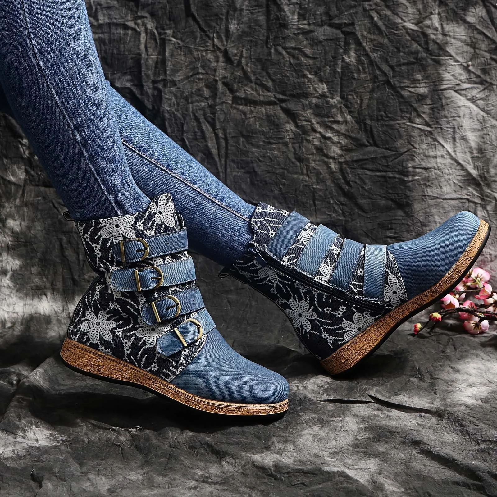 New Women Denim Boots Retro Printed Metal Buckle Soft Bottom Zipper Ankle Boots Ladies Shoes Fashion Comfort Botines Mujer 2023