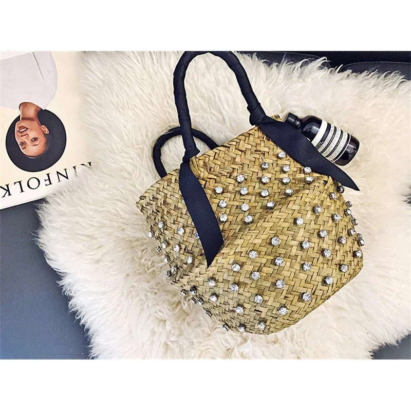 Luxury Diamond Encrusted Wicker Handbag, Designer Rattan Bucket Bag, Vintage Summer Beach Straw Tote Purse, Fashion Accessory