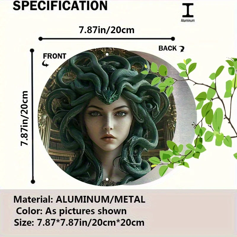[2D Flat] 1pc Medusa Metal Wall Art - Rustic Green Aluminum Sign with Intricate Snake Design, Round Decorative Plate, Perfect fo