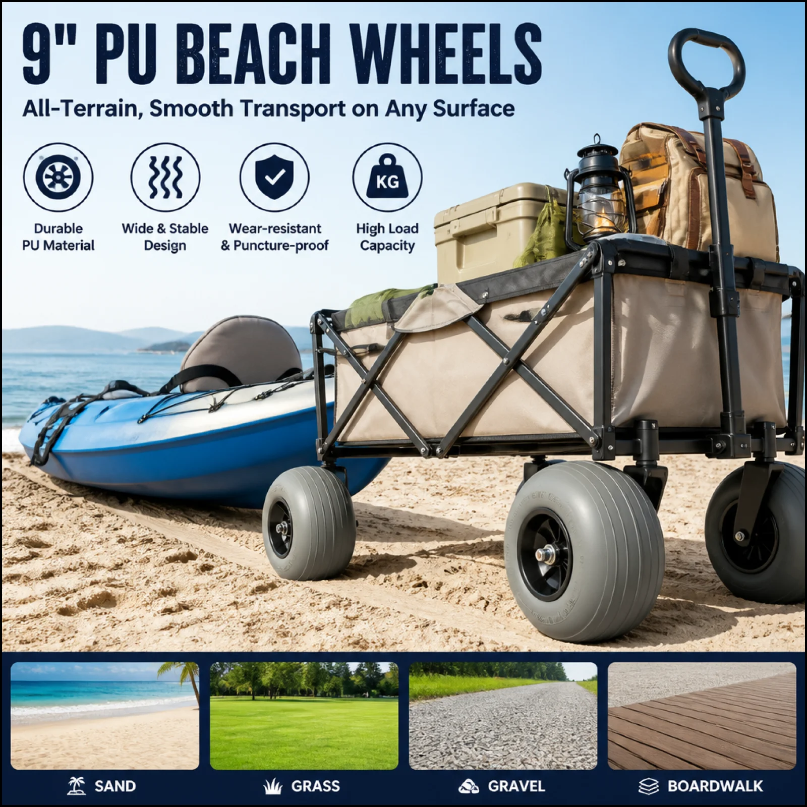 puビーチホイール-22mmアクスルヘッド-ビーチカートホイール-テクスチャ加工-屋外輸送用部品