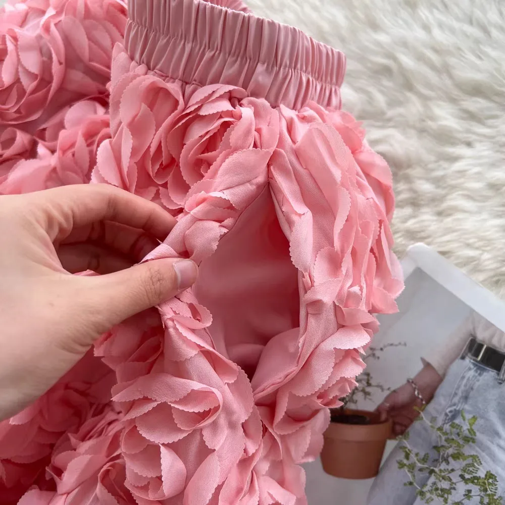 Hong Kong Style 2026 autumn and winter Fashion Pink mesh 3D three-dimensional flower Rose fluffy Women's Long Skirt