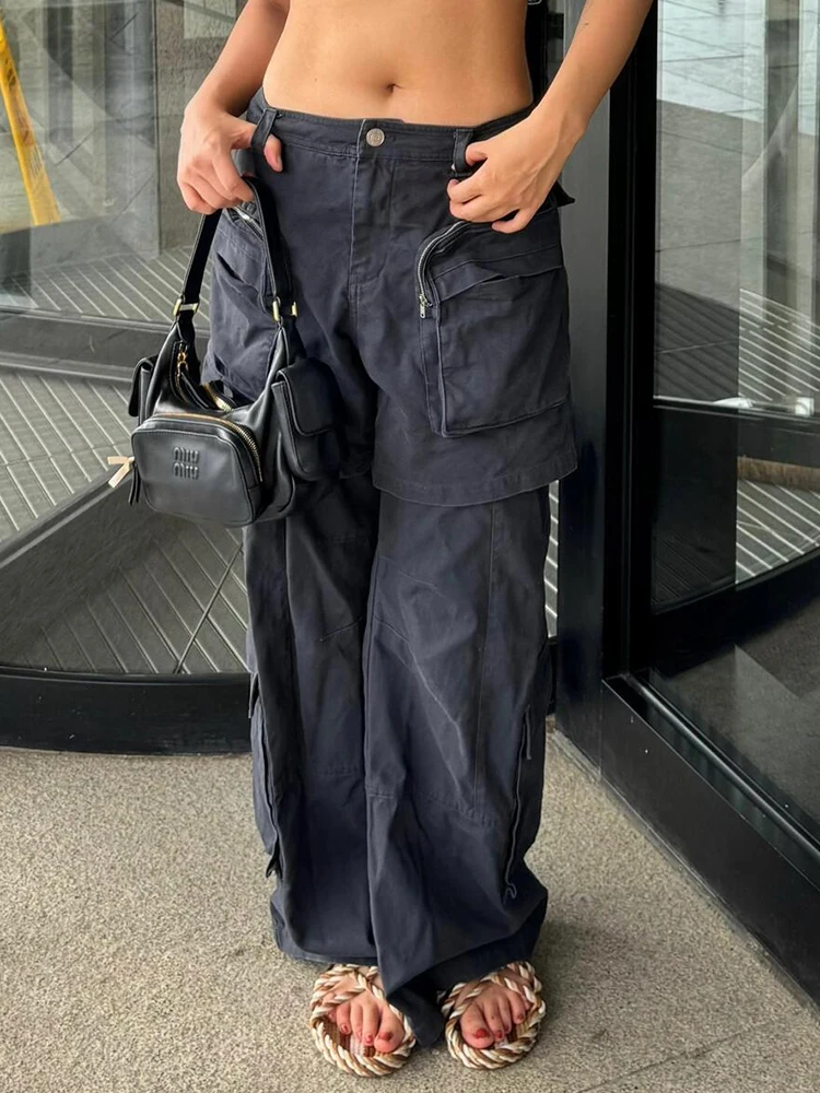 PBAP, pantalones vaqueros holgados con múltiples bolsillos empalmados para mujer, pantalones vaqueros lisos de tiro alto de verano, pantalones Cargo rectos anchos falsos, ropa Retro Grayu