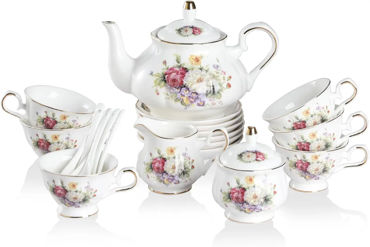 

22-Piece Vintage Floral Porcelain Tea Set with Teapot, Cups, Saucers & More