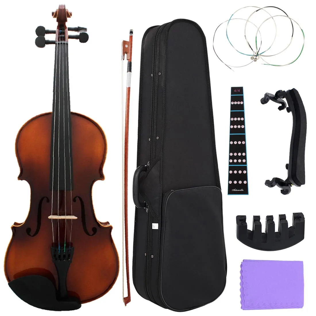 4/4 Violin Maple Wood Beginner Violin with Violin Shoulder Rest Box Strings Cleaning Cloth Handle Sticker Loudspeaker Parts Set