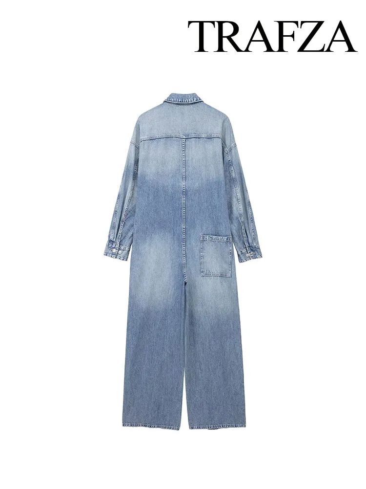 TRAFZA Women's Summer Blue Color Fashion Vintage Long Sleeved Lapel Denim Dress Female Elegant Single Breasted Long Dress image 2