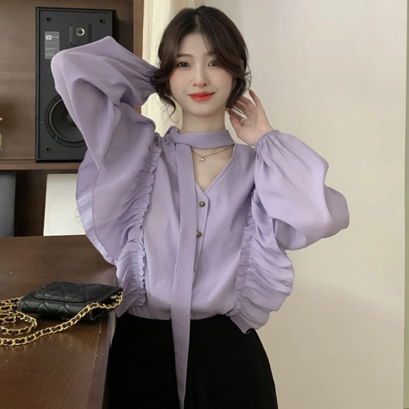 Purple Shirts Women Ruffles Temper Elegant Crop Designer Aesthetics Sweet Gentle Baggy Vintage Camisa V-neck Clothes French Ins