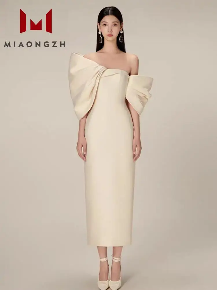 New 2024 Luxury Designers Elegant Evening Dress For Women Diagonal Collar Patchwork Bow Backless Fashion Slimming Party Dresses