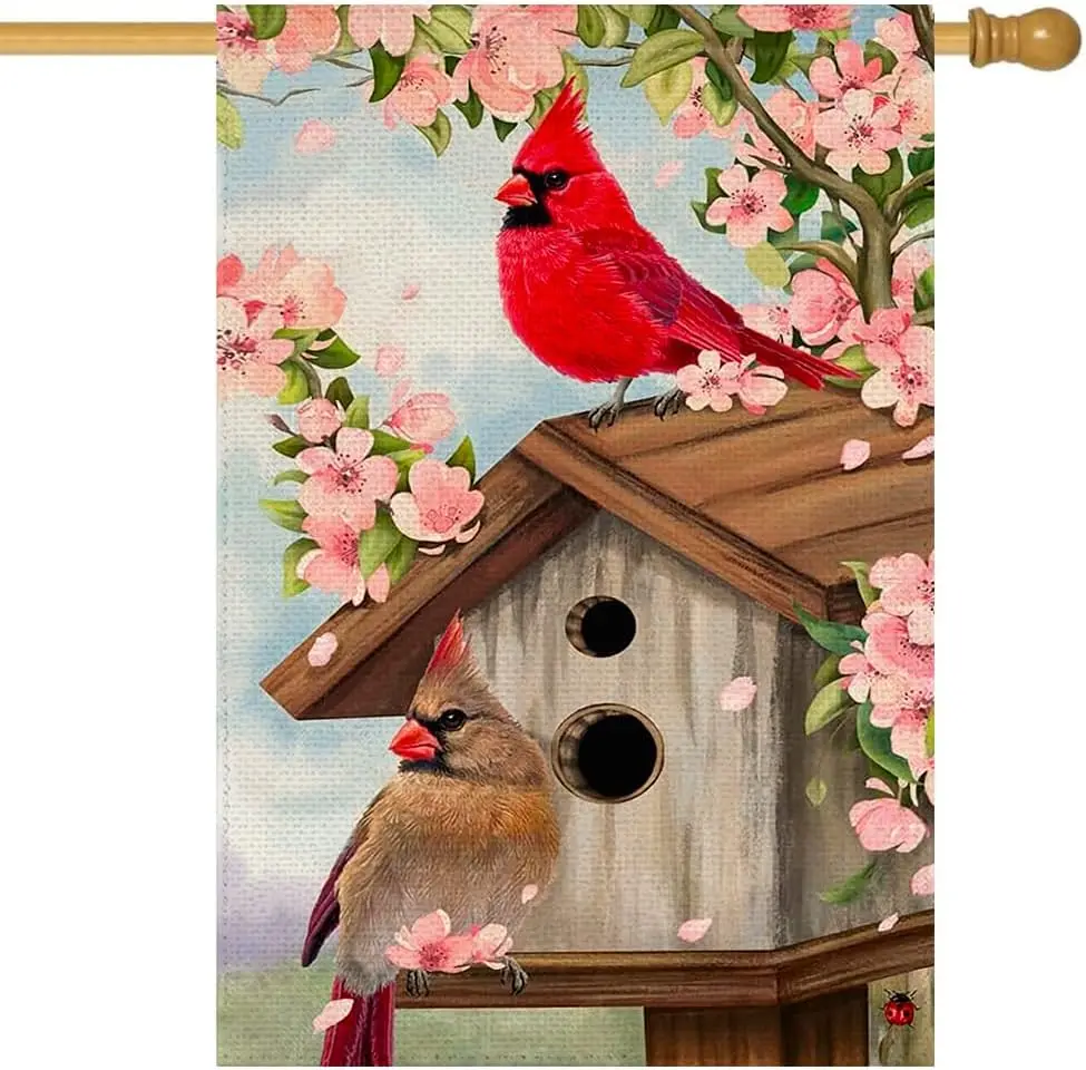 RABUSOFA Cardinal Spring Summer House Flag 28x40 Inch Double Sided,Pink Floral Banners Yard Flag Burlap Seasonal Holiday Out EEZ