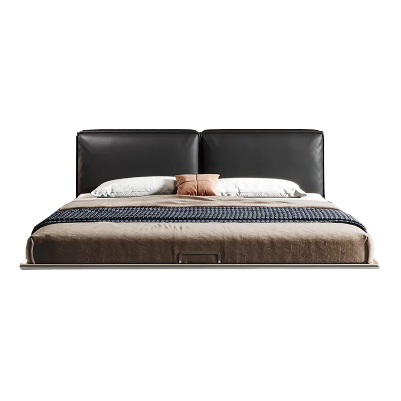 

Italian minimalist leather bed, flush-edged double, master bedroom marriage bed