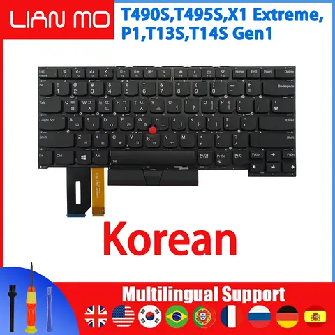 미국 영국 프랑스어 독일어 스페인어 포르투갈어 브라질 한국어 노트북 키보드 Lenovo ThinkPad T490S T495S P1 Extreme Gen1 Gen2