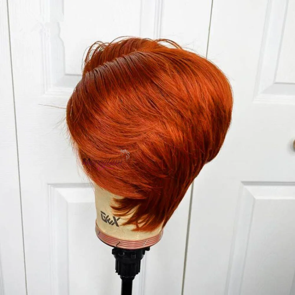 # 350 Pixie Cut Echthaarperücken, orangefarbene Perücke, 13x4 Spitzenperücke, rote, glatte, kurze Echthaarperücken, Echthaarperücke ohne Klebstoff – Detail 9