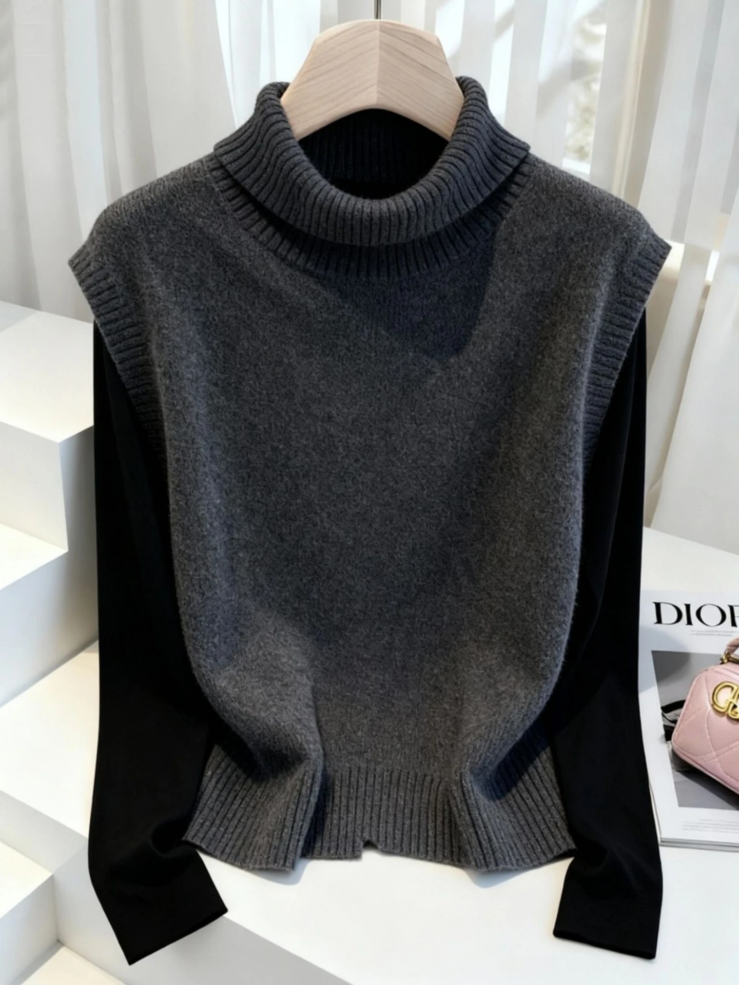 Slimming Knitted Vest And Base Shirt Set for Women Spring Autumn Large Size Micro Plump Stylish Layering Commute Style