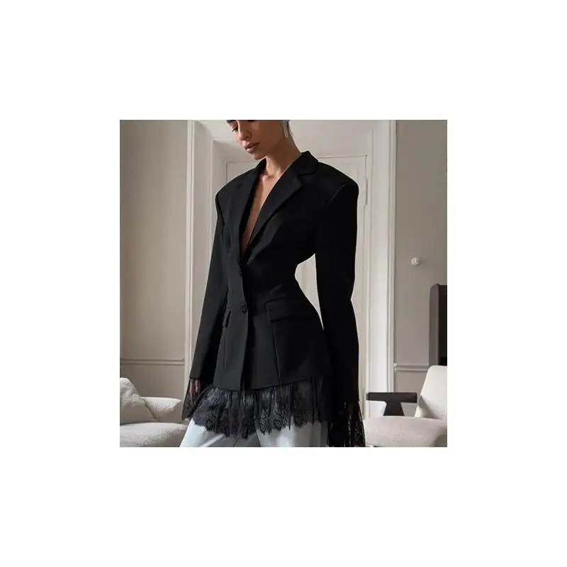 

Elegant Black Women's Long Sleeve Lace Splice Suit Jacket Autumn Versatile Waist-Cinching Design Breathable Polyester Fiber