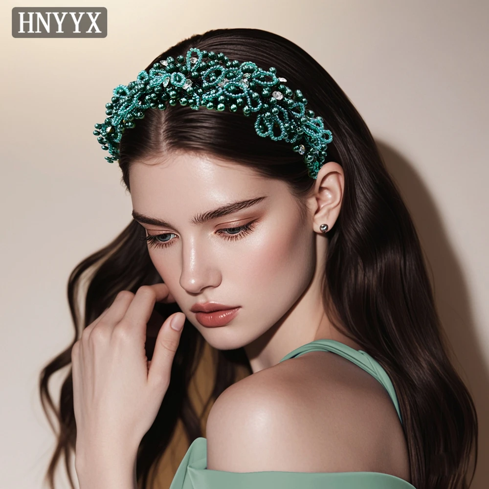 

HNYYX Handmade Bridesmaid Luxury Headband Green Crystal Beads Tiaras Hair Hoop Wedding Dress Hair Accessories for Women A87