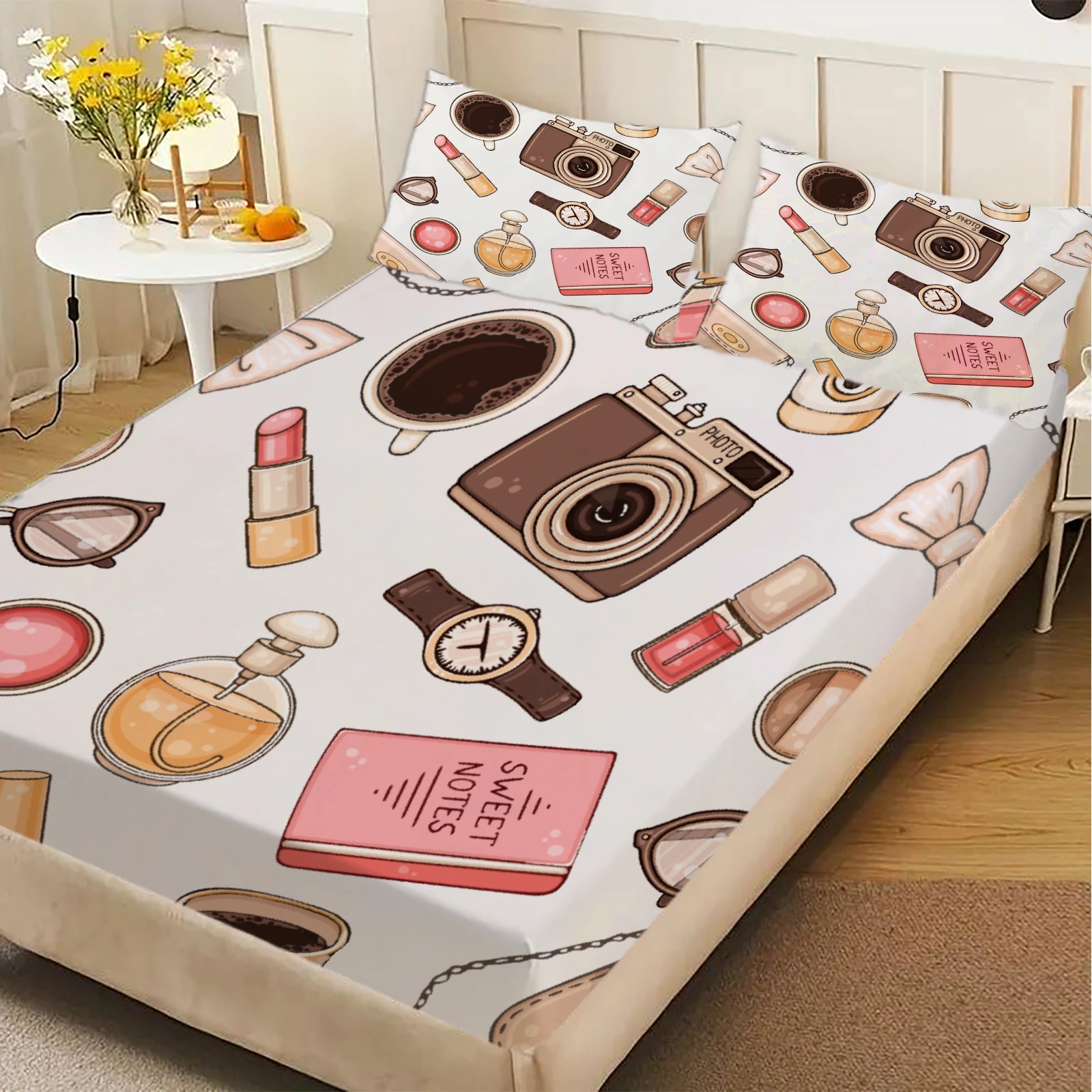 3pcs White Fitted Sheet Sets Gifts For Girls Camera Perfume Lipstick Watch Coffee Pattern Printed  Flat Sheet With 2 Pillowcases