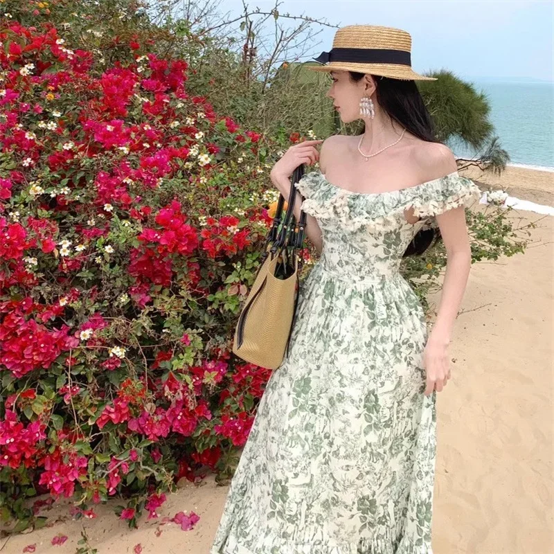 Off Shoulder Oil Painting Printed Dress for Women Summer French Style Flying Sleeves Casual Long Dresses Empire Beach Vestidos