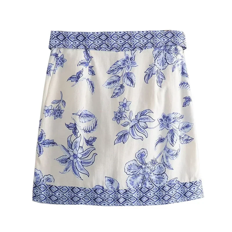 BWQ 2025 Women's Retro Printed Mini Skirts Fashion Bow Bandage Flower High Waist Skirt Summer Casual Versatile Beach Short Skirt