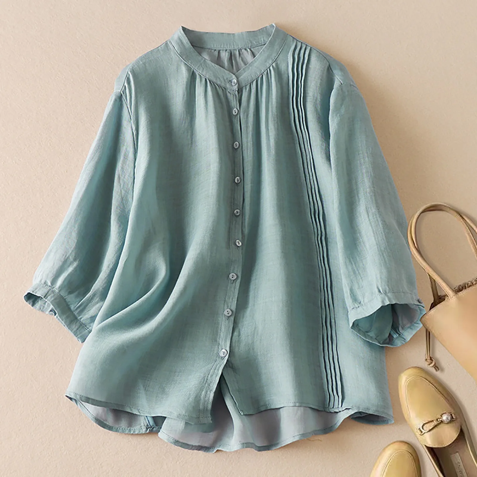 

Vintage Women Cotton Pleated Shirt Top Summer Solid Color Button Up Shirts Casual Round Neck Loose Tee Shirts Elegant Female Top