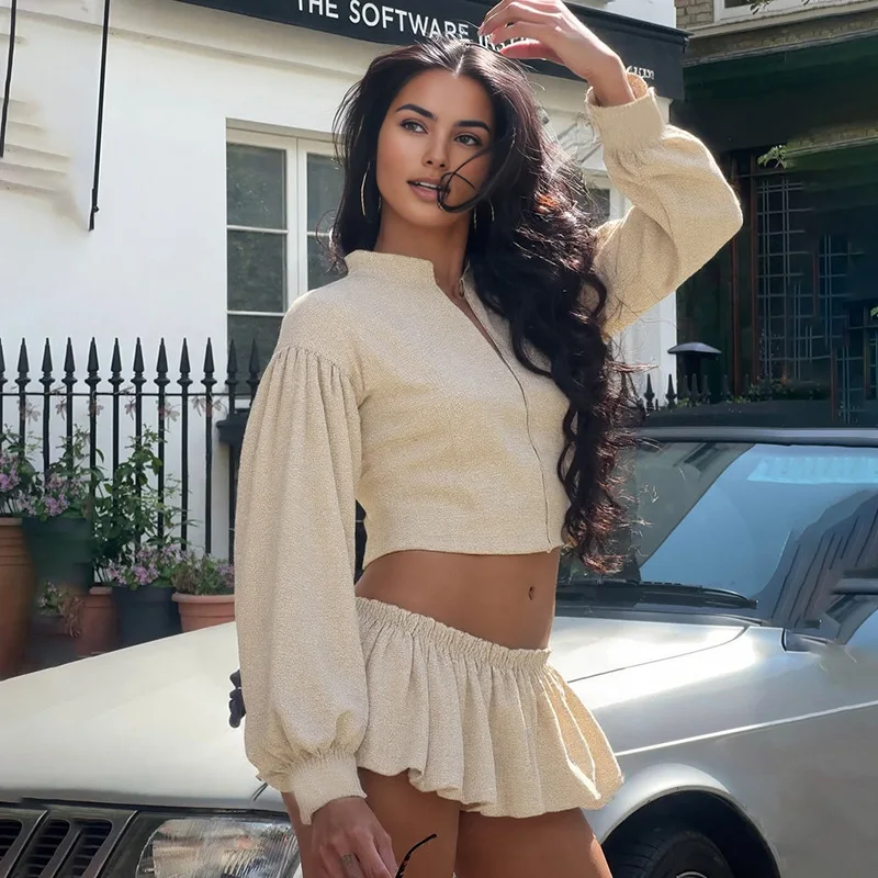 

Pinstripe Print 2 Piece Set 2025 Autumn Zipper Full Lantern Sleeve Cropped Jackets Tops + Mini Bubble Shorts Skirts Casual Suits