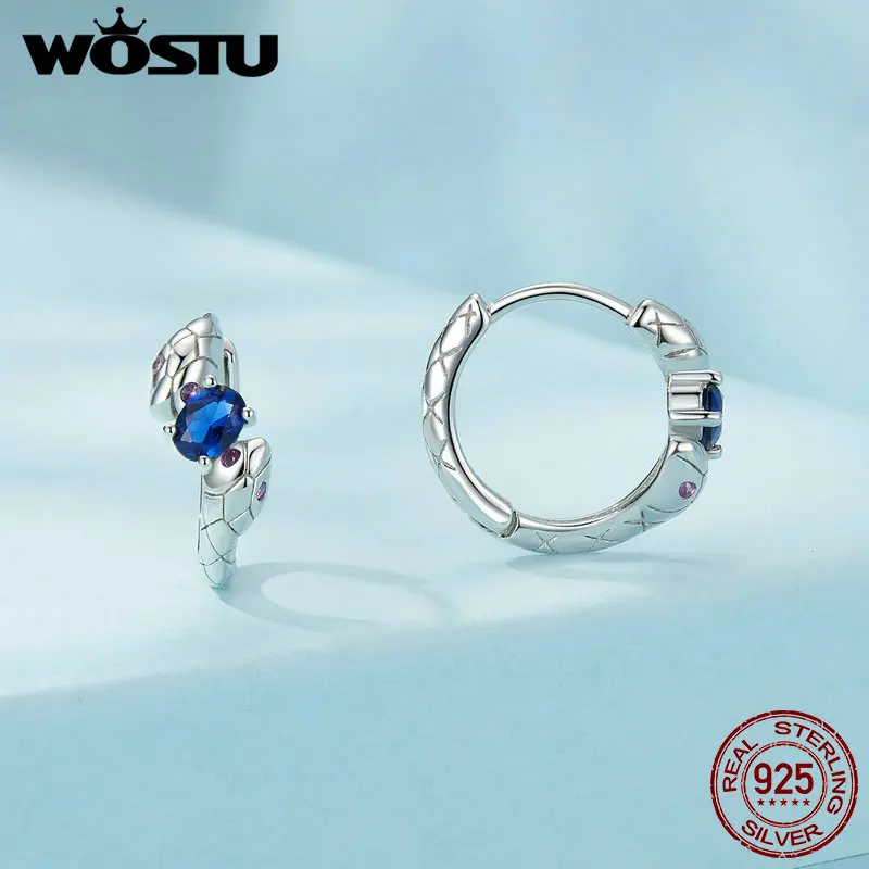 WOSTU 925 Sterling Silver Serpent Hoop Earrings Vintage Ear Buckles with Blue CZ Fine Jewelry For Women Party Daily Gift 10.5mm