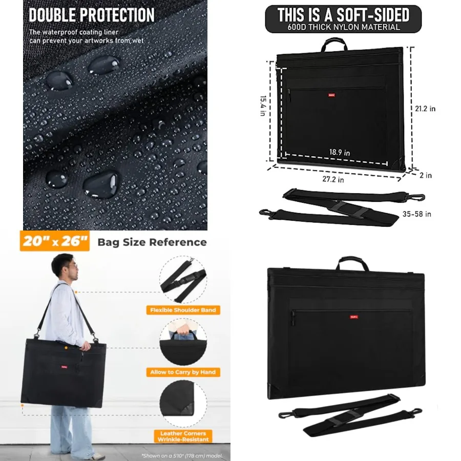 Lightweight Art Portfolio Bag 20x26 Inches Black Canvas Case with Detachable Shoulder Strap and Leather Corners for Protecting