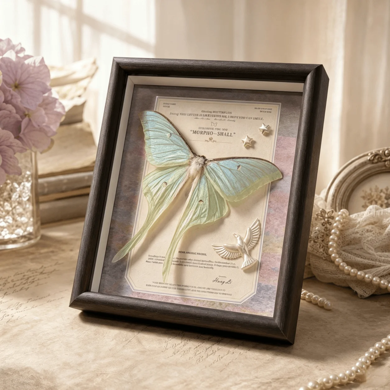 Luna Moth Framed Nature Artwork,Butterfly‑Style Shadow Box 15×20cm Handmade Romantic Wall & Tabletop Decor,A Letter From Nature