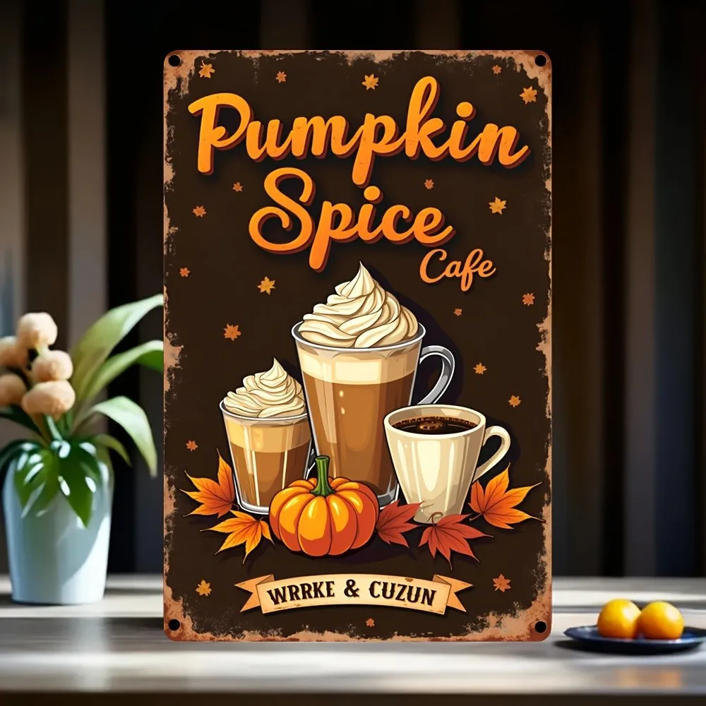 Vintage Pumpkin Spice Cafe Autumn Tin Metal Signs Home Décor 8×12