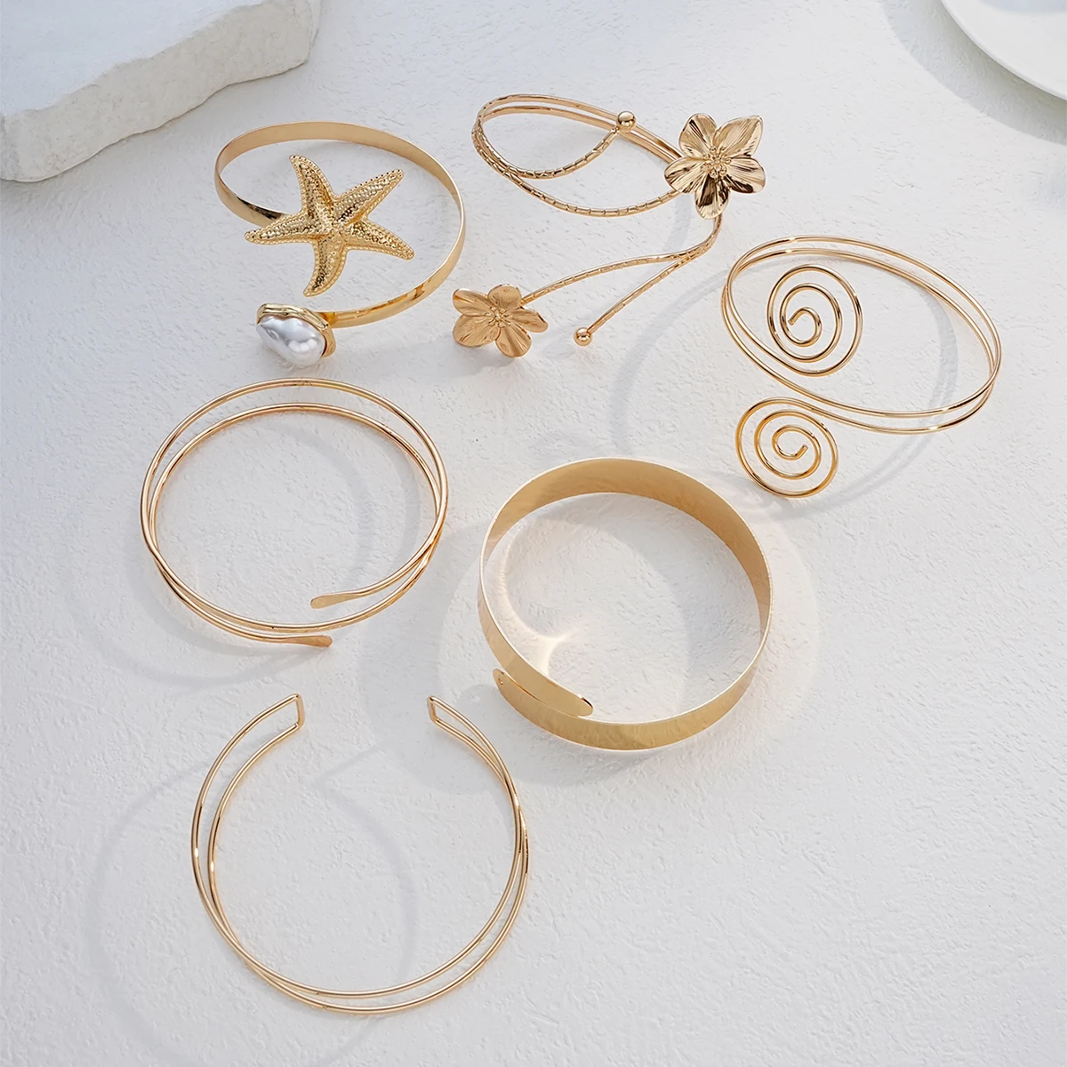 6-teiliges Set Boho Blumen-Seestern Spiral-Armreifen für Frauen Mehrschichtige Geometrische Verstellbare Armreifen Täglicher Schmuck Neu – Detail 7