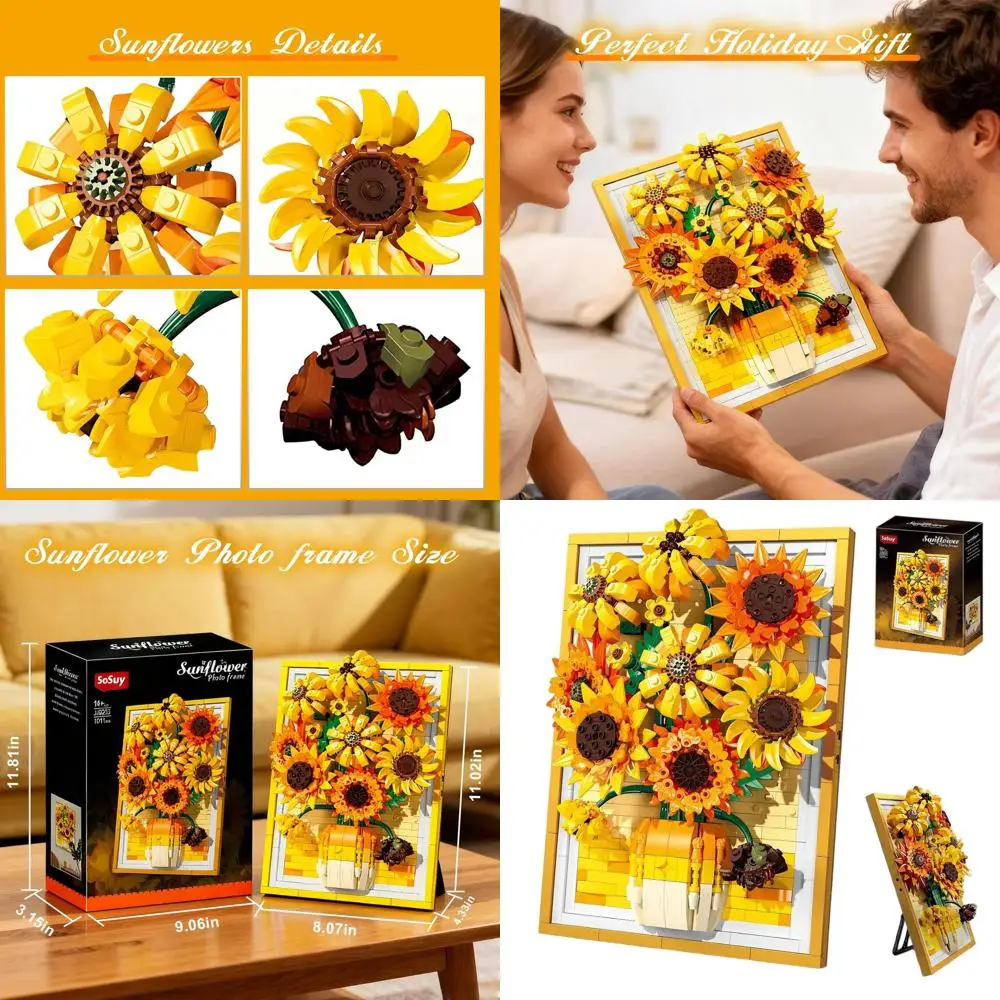 مكعبات بناء عباد الشمس ثنائية الأغراض من سوسوي، 1011+ قطعة، إطار فني جداري، ديكور منزلي مزين بالزهور، ألعاب جذعية للنساء والمراهقين، وG