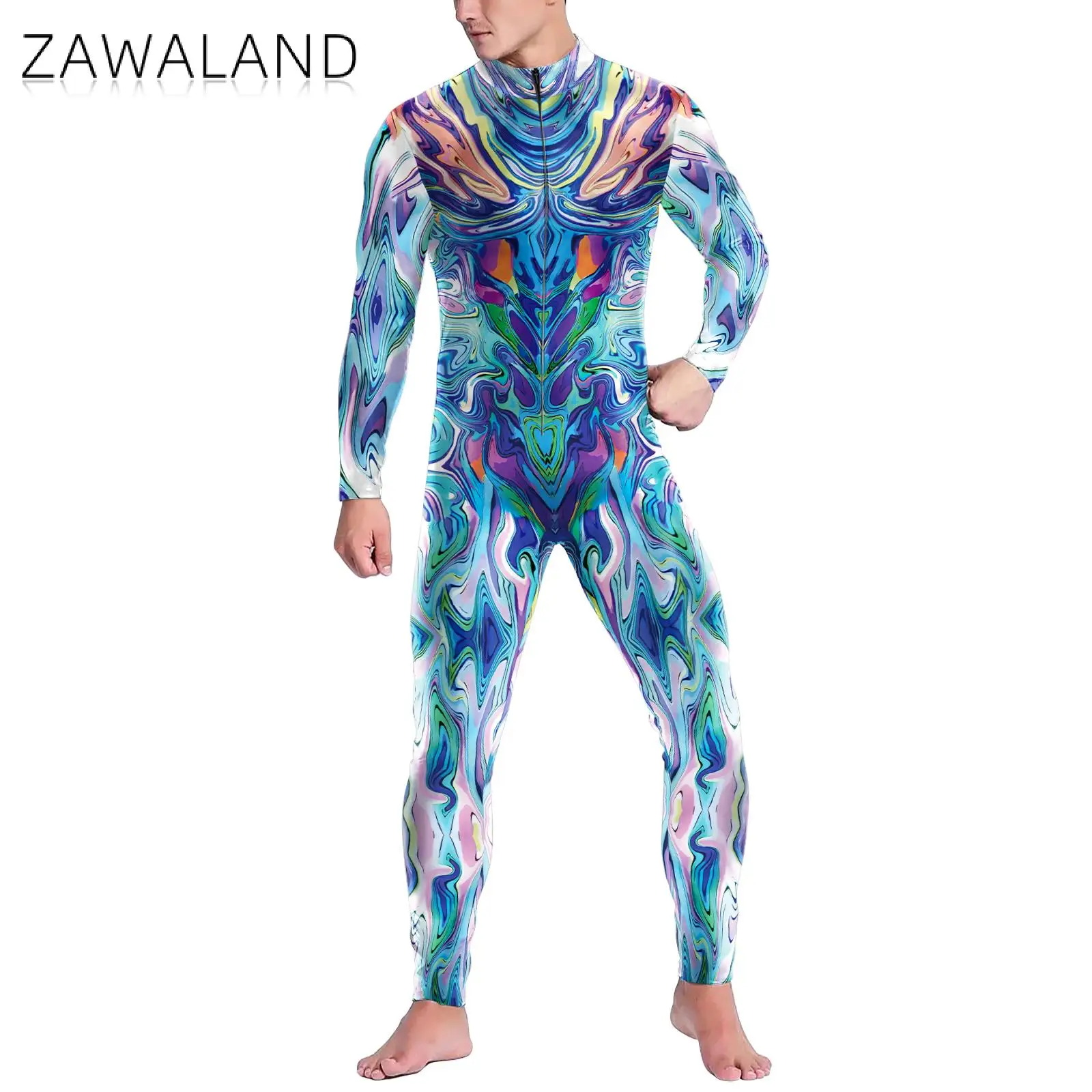 Zawaland Man Elastische Bodysuits Tie-Dye 3d Print Gekleurde Lijn Cosplay Kostuum Halloween Feest Volwassen Catsuit Jumpsuits