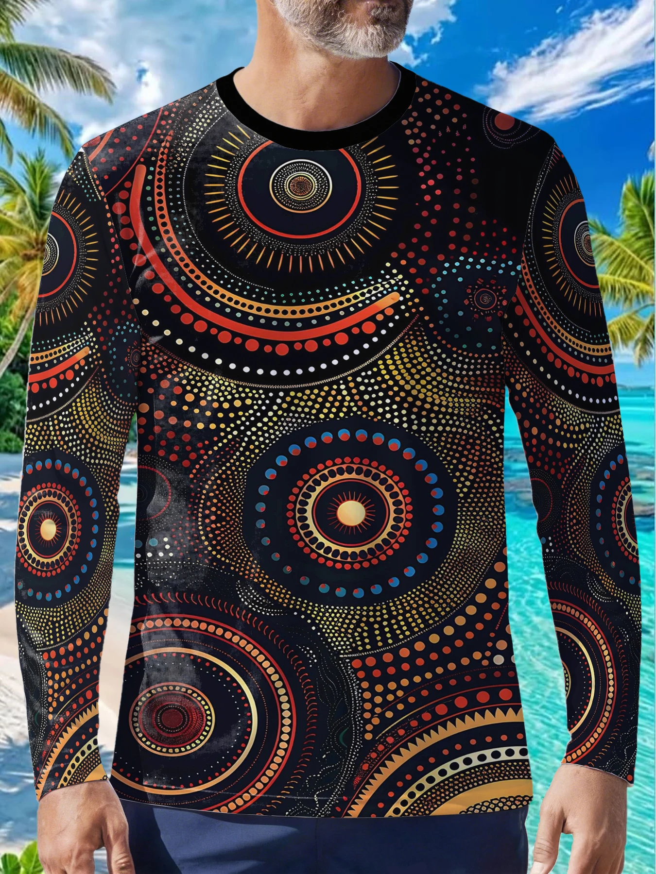 Aboriginal Dot Art Ethnic Tribal Indigenous Mens Polyester Long Sleeve T Shirt Australian Traditional Pattern Print Graphic Tee