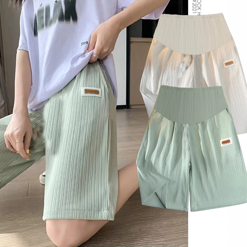 968# Summer Ice Cool Maternity Shorts Wide Leg Loose Straight Clothes for Pregnant Women Elastic Waist Belly Pregnancy Shorts