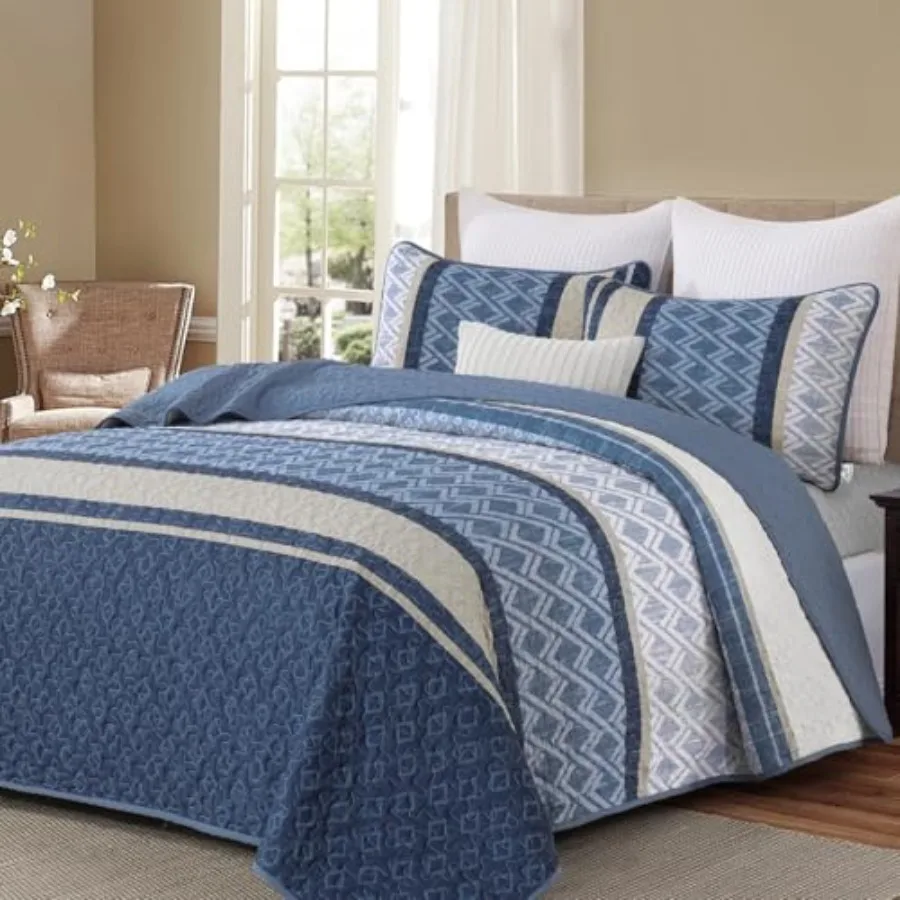 

Boho Quilt Set Striped Bedspread Size Navy Bedding Sets 3 Pieces Micofiber Lightweight Fall Quilts with 2 Pillow Shams Coverlet