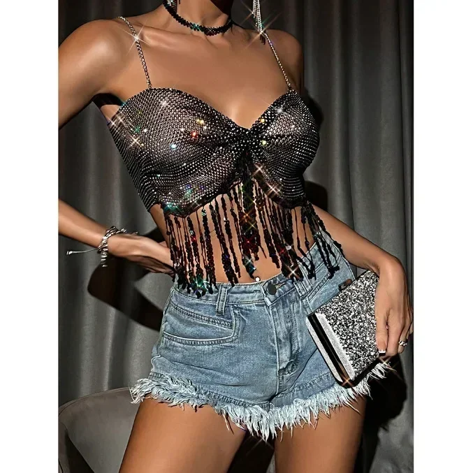 New Fishnet Rhinestone Fringed Beaded Metal Chain Suspender Top Women Sexy Crop Navel Clubwear