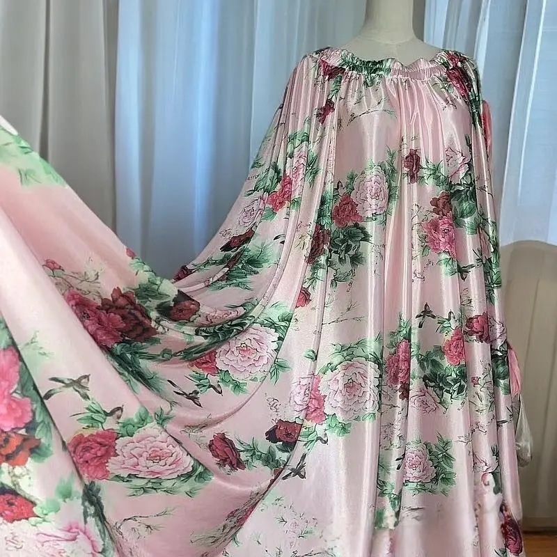 

Glossy Floral Print Women Satin Long Dress Robe Loose Maxi Dress One-piece Elegant Dresses Sleeping Wear