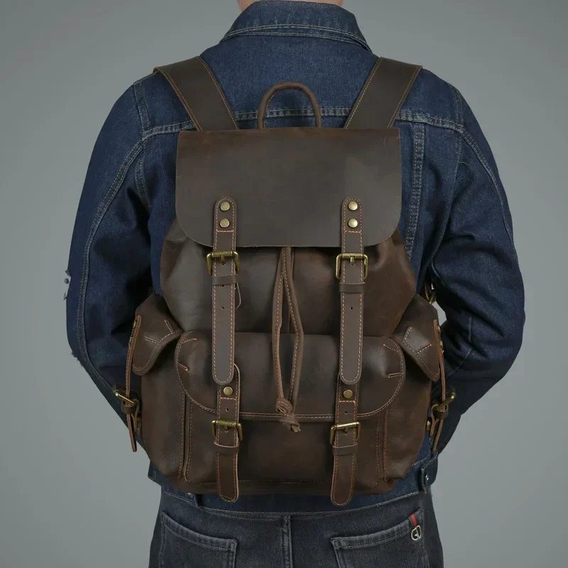 

Genuine Leather Backpack Men's Travel Bag Crazy Horse Leather Vintage School Bag Luxury High End bag Laptop Bags