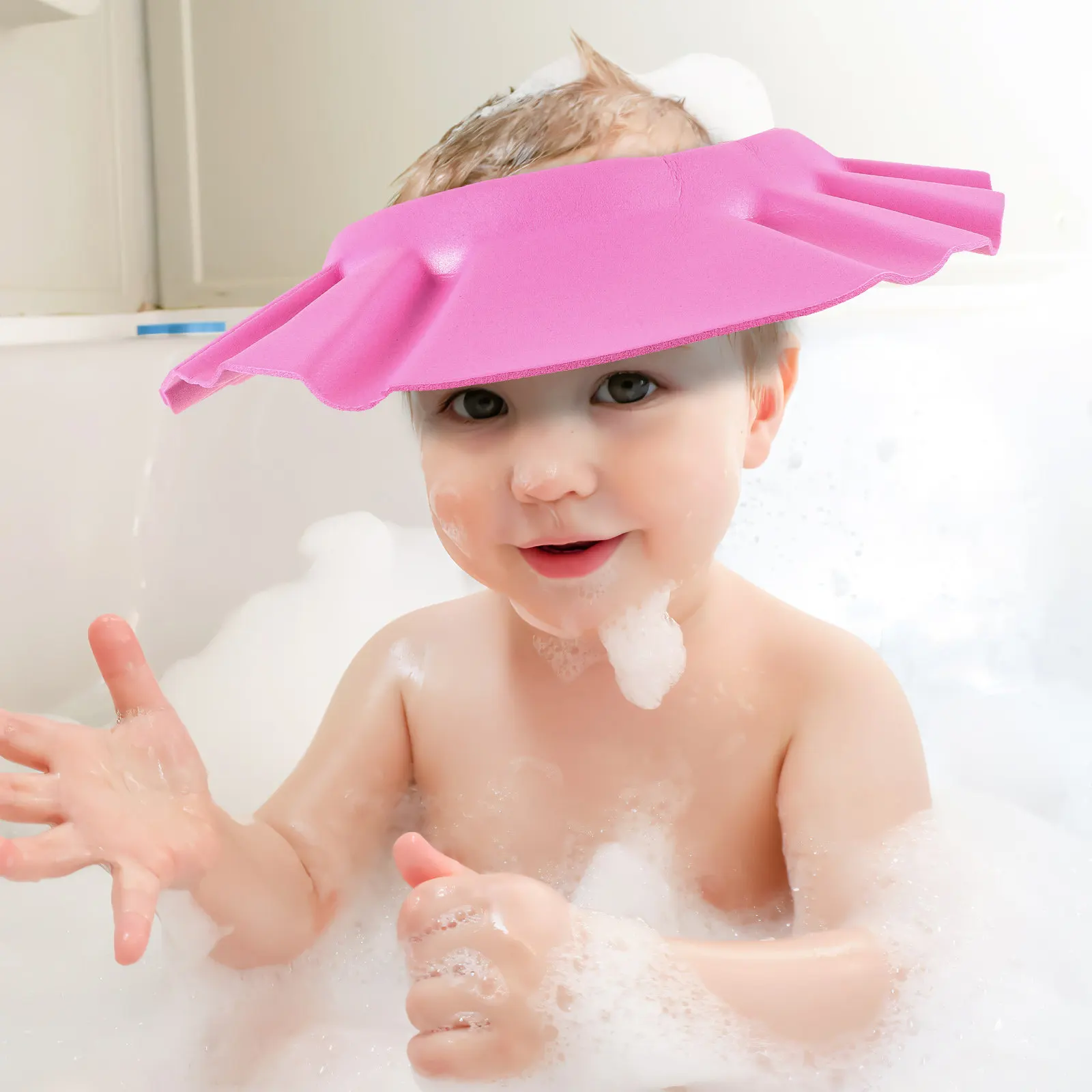 

Pink Ultra-Light Eva Waterproof Baby Shower Bathing Cap Prevents Water Shampoo Eye Irritation Kids Bath Hat Baby Shower Cap