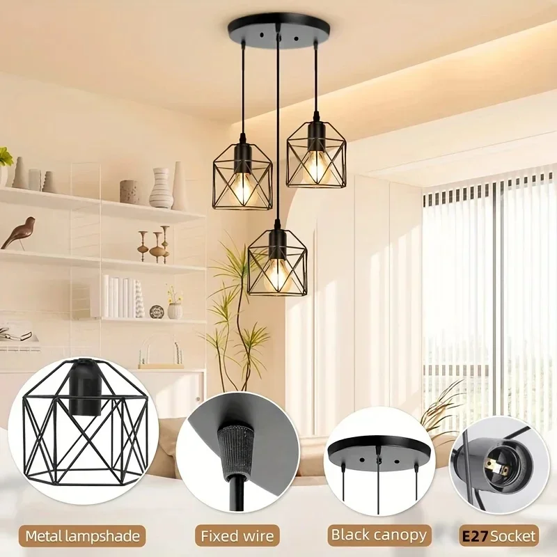 Vintage Pendant Lamp 3 head Hanging Lamp Ceiling Chandelier Metal Shade E27 Black, suitable for living room, dining room