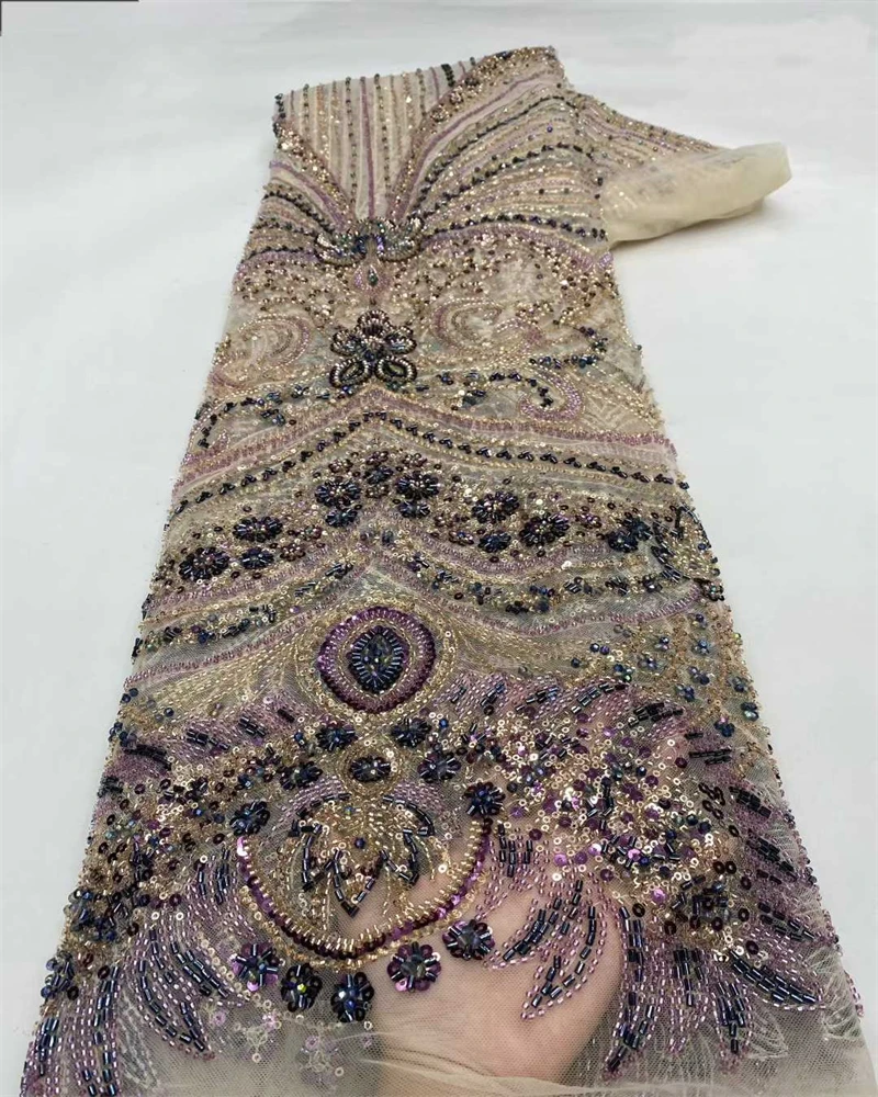

French Mesh Lace Fabrics Embroidery Sequins Tulle Beaded African Fabric for Women Party Dresses Sewing Meters