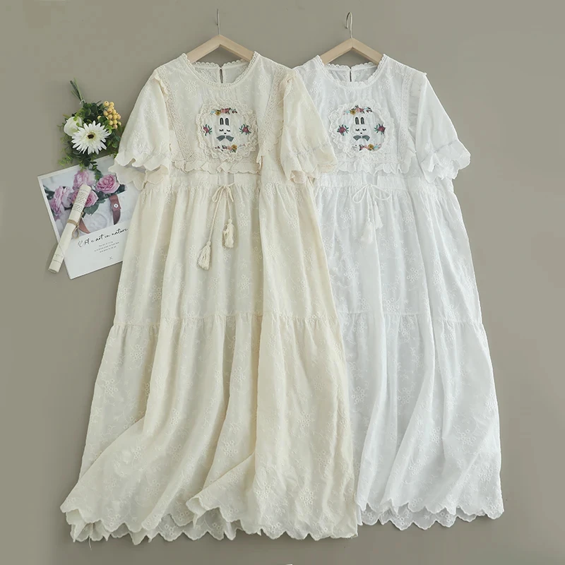 

Summer Sweet Mori Girl Floral Embroidered Dress Women O-neck Short Sleeve Drawstring Waist Casual Loose Cotton Midi Dresses