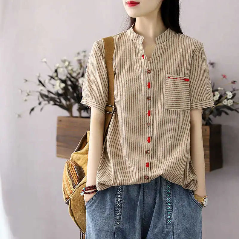 Women Japanese Vintage Striped Print Embroidered Cotton Button Shirts Summer Stand Collar Short Sleeve Blouse Loose Blusas Ropa